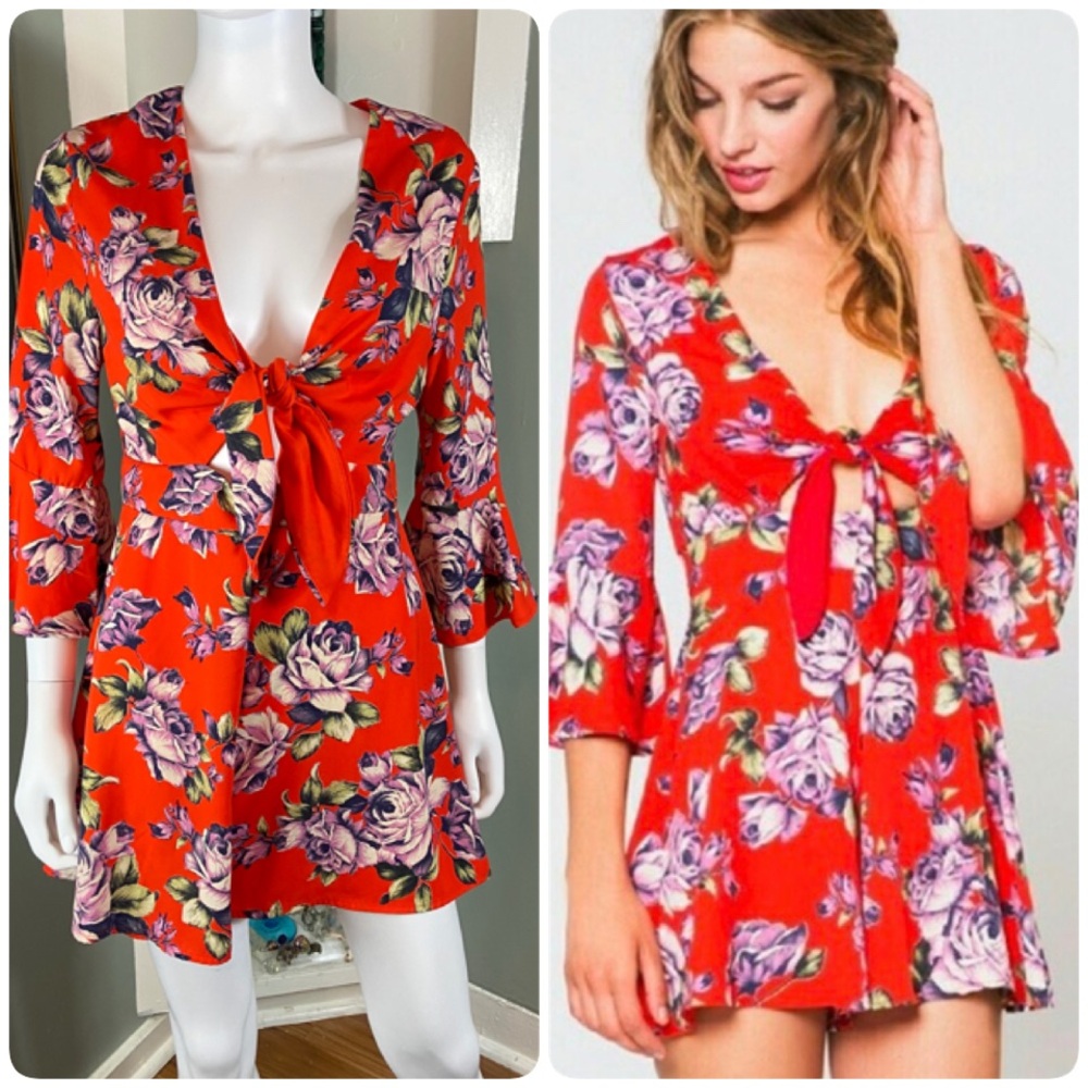 On The Road Floral Tie Bell Sleeve Cut Out Purple Roses Floral Romper Large L